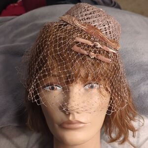 Wedding fascinator, taupe fascinator, taupe pill box with veil
